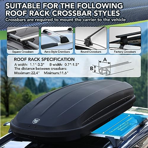 12 Cubic Feet Hard Shell Top Mount Carrier, Rooftop Cargo Box Carrier, Dual-Side Opening, Universal Fit for Cars & SUVs, Waterproof ABS Material with Secure Straps & Keys
