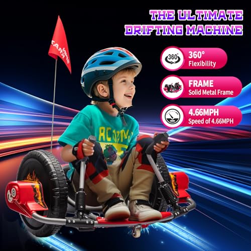 Electric Drifting Go Kart for Kids, 12V Outdoor Ride on Toys with 16-Inch Big Wheel, 360 Degree Spin, Speed of 4.66MPH, Dual Lever Steering, Pedal Accelerator, Drift Kart for Kids 3+, Red