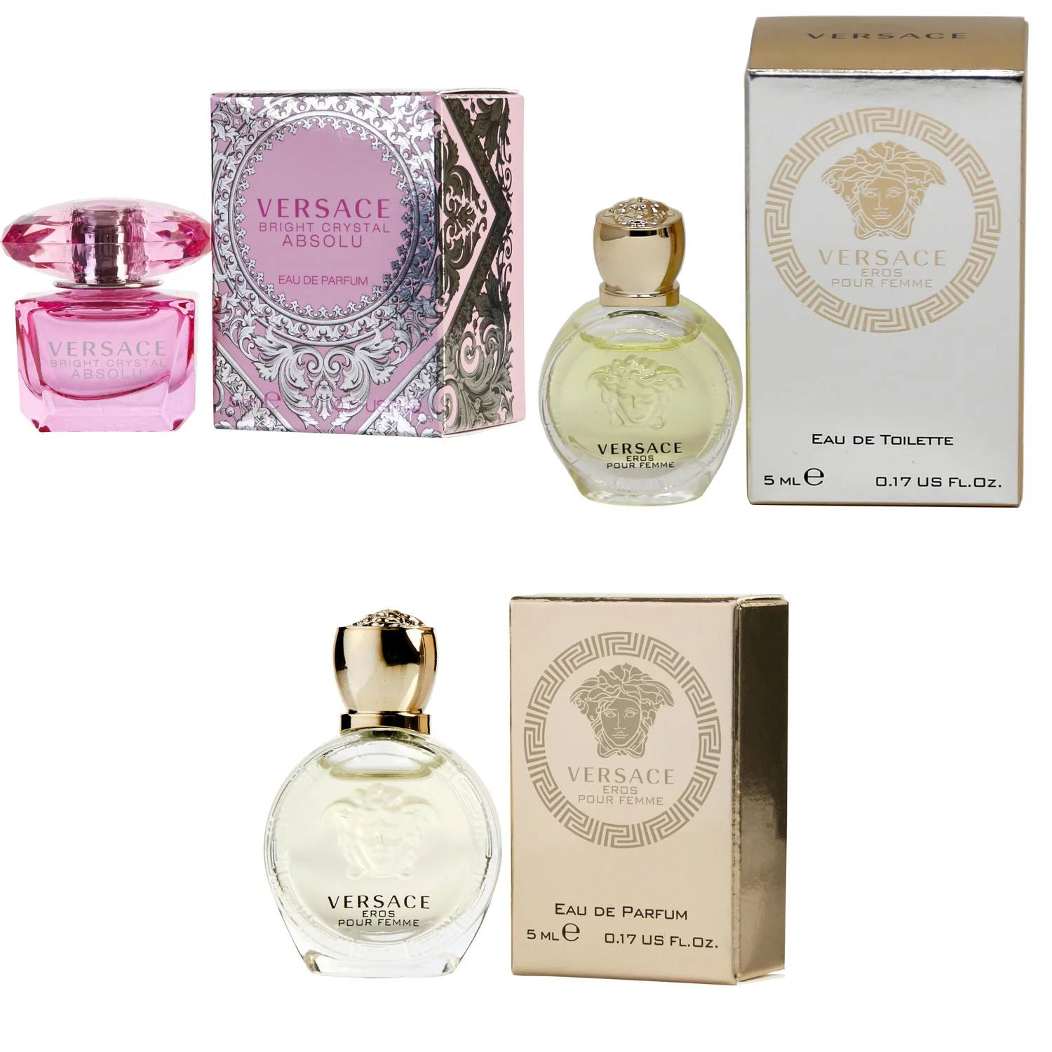Versace Bright Crystal Absolu EDP, Eros Women EDT, Eros Women EDP  - 5ml 3PK Kit