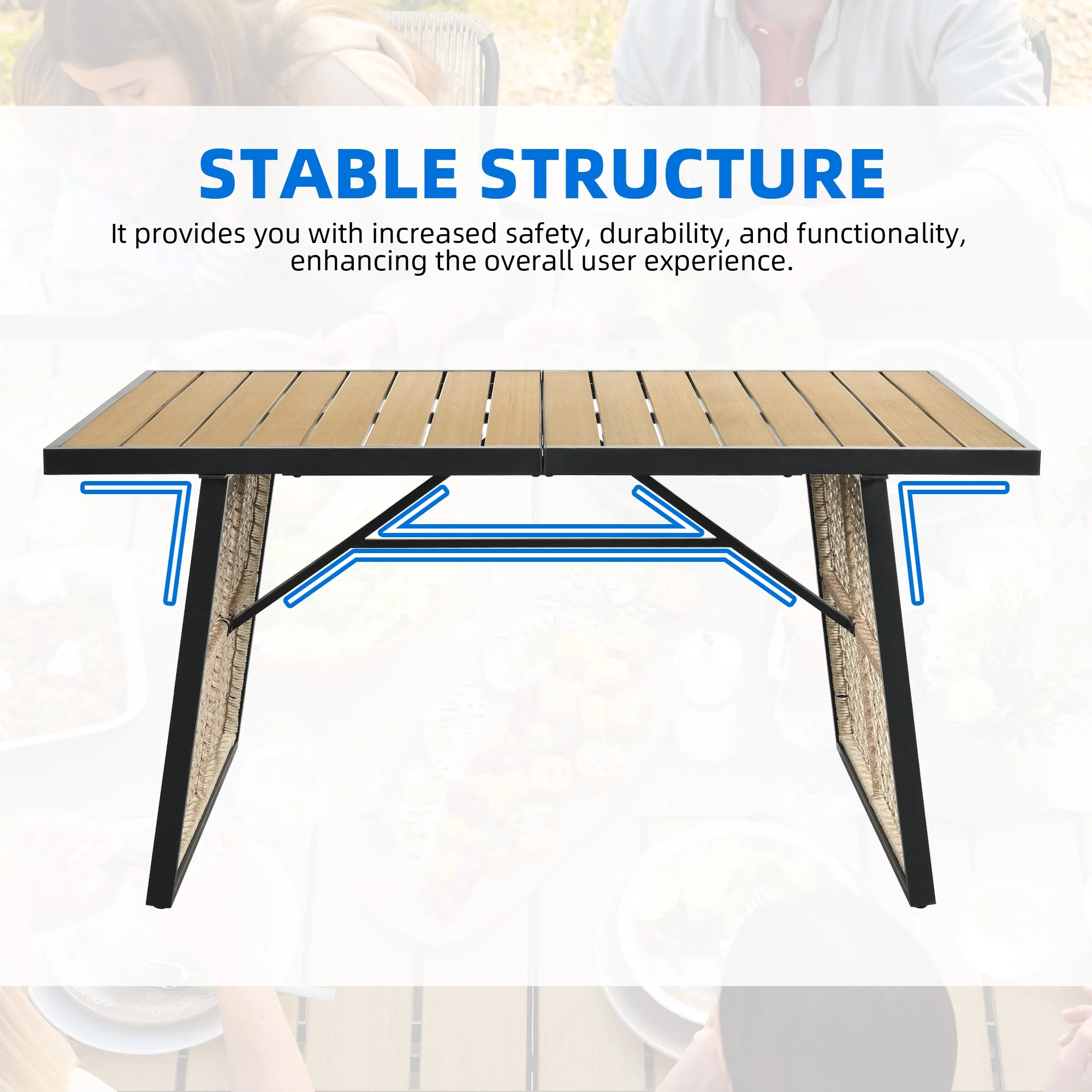 Dextrus Rectangular Wood Outdoor Patio Dining Table for 6-8 Person, Rustic Furniture Indoor & Outdoor - Black & Brown