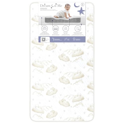 Dream On Me Twilight 5” 2-in-1 Breathable Spring Coil Crib and Toddler Bed Mattress Firm, Plush with Reversible Design I Greenguard Gold and JPMA Certified, White