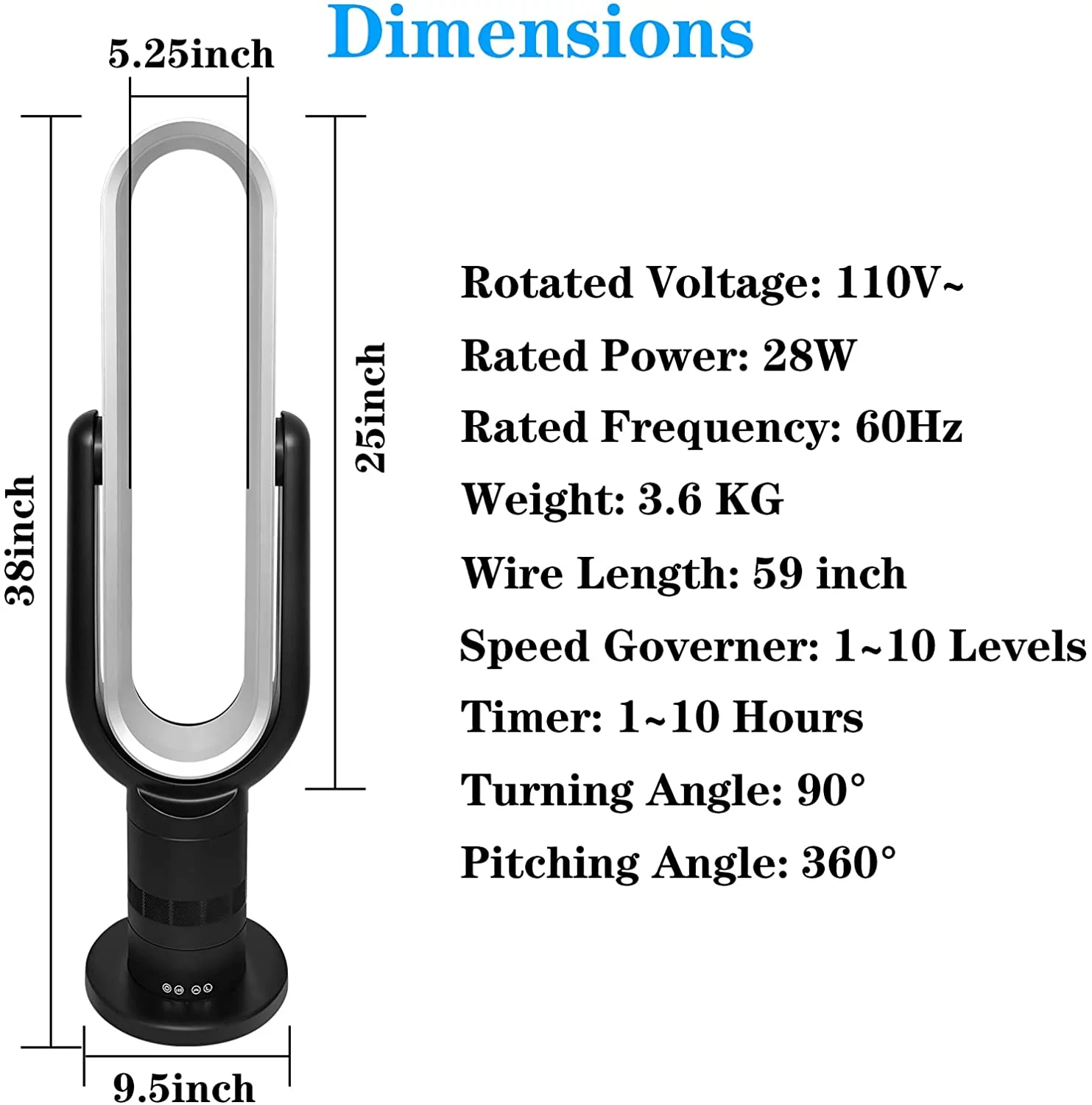 HealSmart Bladeless Tower Fan,10-Hour Timing Closure Bladeless Fan,Low Noise, 39 inches, Black