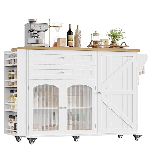 FINETONES Kitchen Island with Storage, Rolling Kitchen Island on Wheels with Wood Drop Leaf Countertop, Island Table Bar Cart with Spice Towel Rack Portable Kitchen Table Kitchen Carts on Wheels