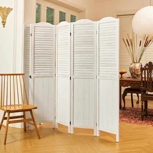 Room Dividers, 5.75Ft Individual Privacy Screens Foldable Wooden Louver & MDF Stable Wall Divider for Home Office Bedroom, 4 Panels (White-Washed)