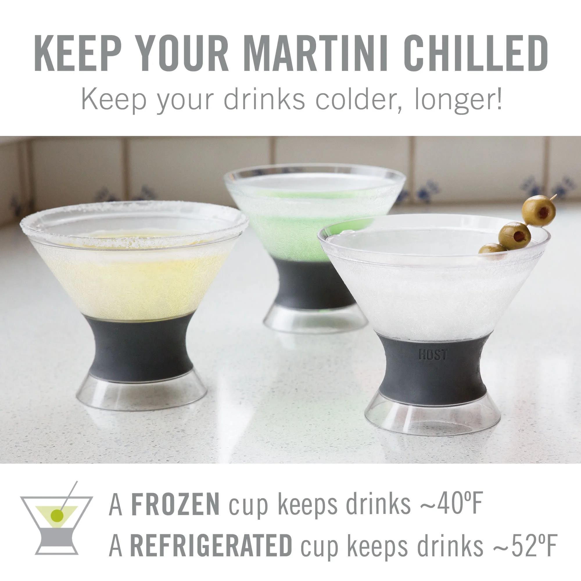 Host Freeze Double Wall Insulated Martini Plastic Cooling Cups, Set of 2, Grey