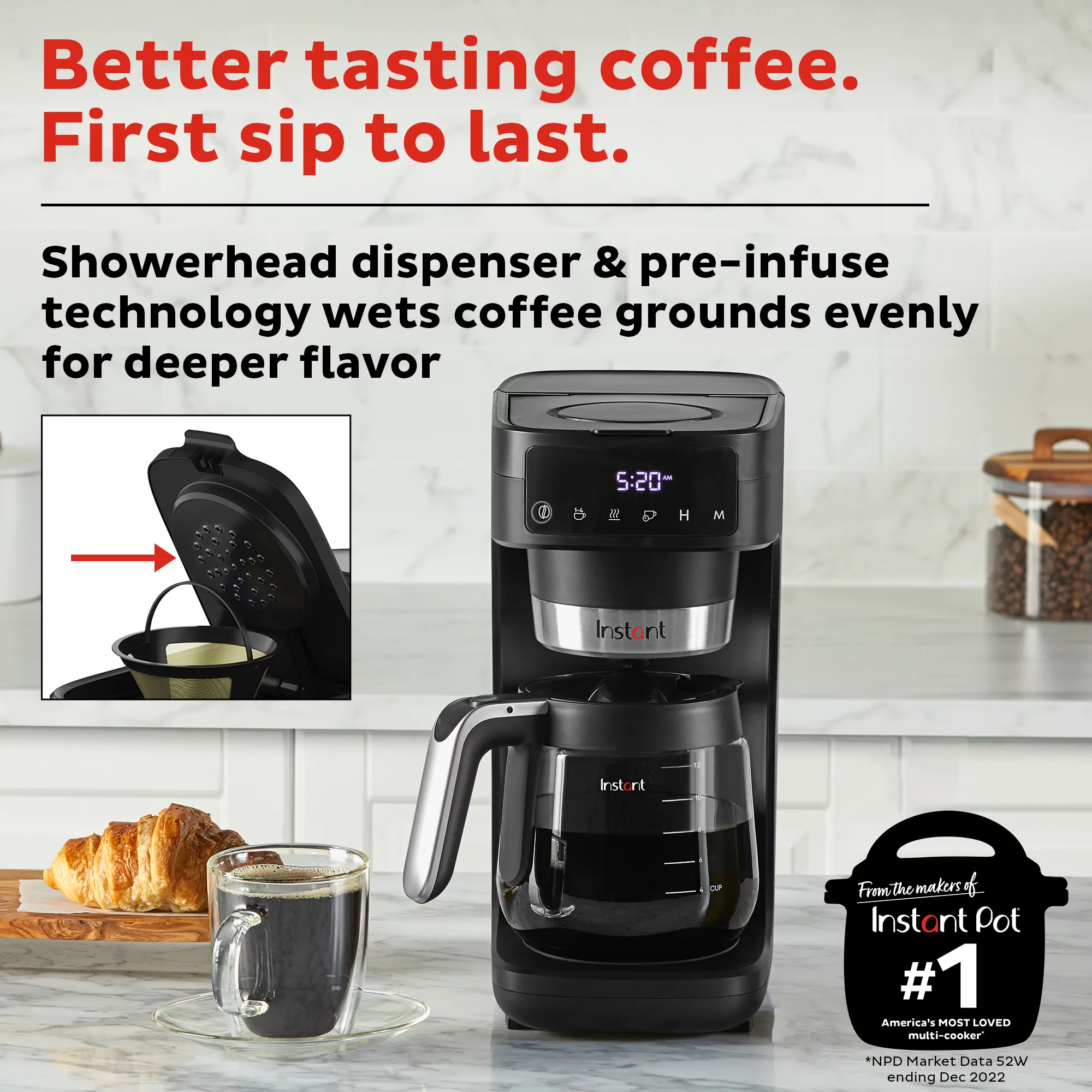 Instant Infusion Brew Plus 12 Cup Drip Coffee Maker, Adjustable Brew Strength, Removable Water Reservoir & Warming Plate with 3 Temperature Settings, Black