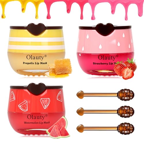 4 PCS Bee Lip Balm Honey Pot-Strawberry, Watermelon, Apple Lime, Honey Lip Mask Overnight Propolis Moisturizing,Vitamin E Prevention Cracked &Chapped Lips,Christmas Gifts Lip Balm