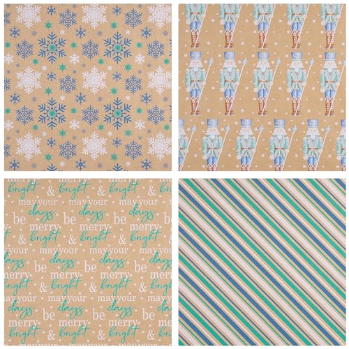 RUSPEPA Christmas Kraft Wrapping Paper - Owl, Reindeer, Christmas Ball and Text Design - 4 Rolls - 30 inches x 10 feet per Roll