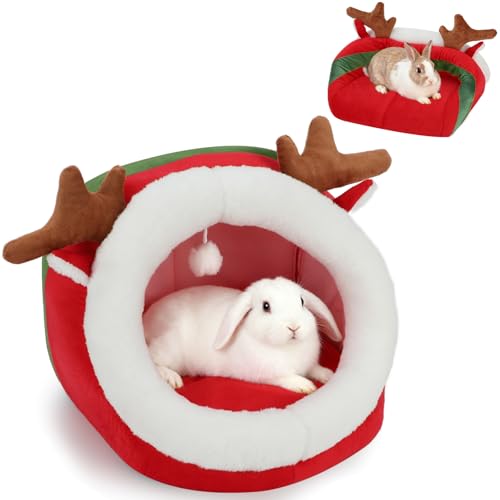 YUEPET Cozy Reindeer Christmas Rabbit Pet Bed Cave, Anti-Slip Warm Bunny Hideout House with Removable Cushion,Washable Small Animal Christmas Hideout for Rabbit Bunny Guinea Pig Ferret Chinchilla