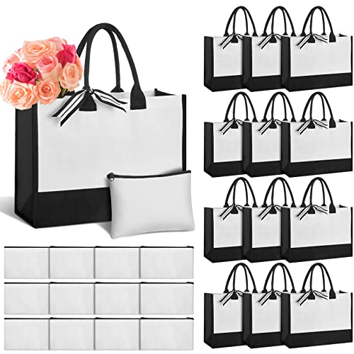 Yahenda 24 Pcs Beach Canvas Tote Bag with Canvas Set Blank Initial Makeup Reusable Gift Bags for Women Personalized Kitchen Grocery for Gift DIY Travel Shopping Bridesmaid Bride Wedding, Black White