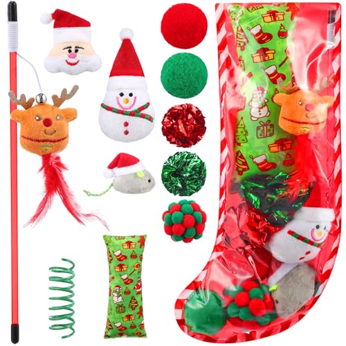 Soulchen 11pcs Christmas Cat Toys Stocking Gift Holiday Catnip Interactive Cats Toy Gift Set with Cat Teasers, Santa, Snowman, Plush Balls, Crinkle Mice, Variety Pack for Cats Pet Stocking Present