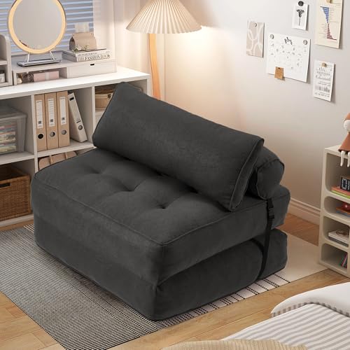 GYUTEI Folding Sofa Bed, Convertible Sleeping Chair with Backrest Support and Soft Corduroy Fabric，Fold Couch Bed with Pillow for Small Spaces/Living Room/Bedroom/Apartment, Single,Black-Linen Fabric