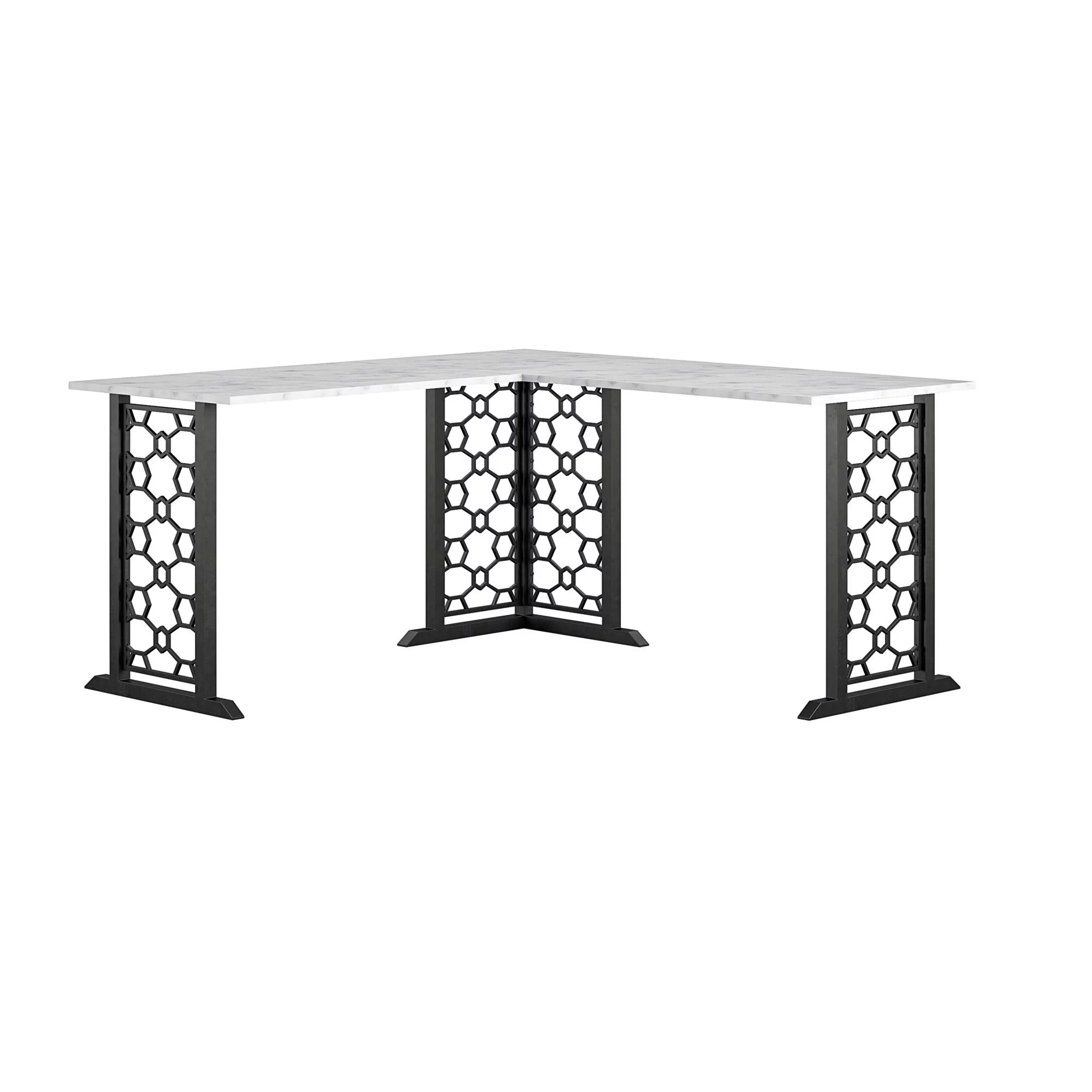 Ella L Desk, White Faux Marble/Black