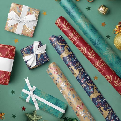 RUSPEPA Christmas Kraft Wrapping Paper - Owl, Reindeer, Christmas Ball and Text Design - 4 Rolls - 30 inches x 10 feet per Roll