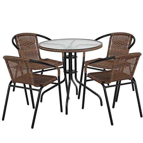 Flash Furniture 3-Piece Patio Dining Set with Round Glass Metal Table and 2 Stackable Rattan Chairs, Indoor/Outdoor Bistro Table and Chairs Set, Gray