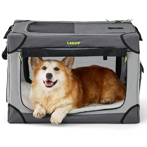 Lesure Soft Collapsible Dog Crate - 42 Inch Portable Travel Crate for Extra Large Dogs Indoor & Outdoor, 4-Door Foldable Pet Kennel with Durable Mesh Windows, Black