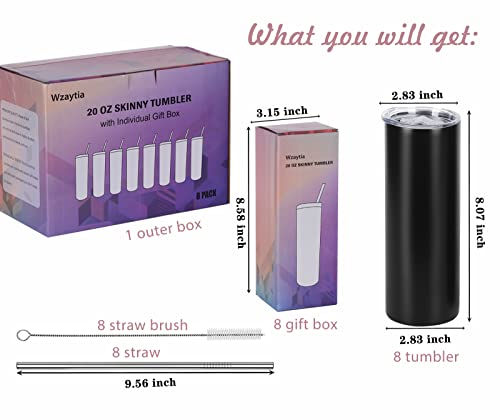 20 Oz Stainless Steel Straight Skinny Tumbler Set (8 Pack), Insulated Slim Thin Travel Cup with Lid, Black