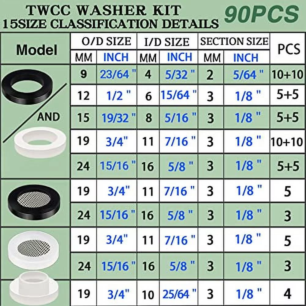TWCC 90 PCS Flat Rubber Washer Silicone Gasket Kit for 3/4
