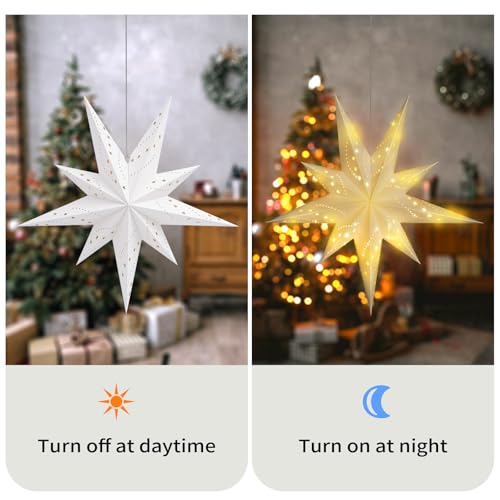 2 Pack 27 Inch Paper Star Lantern, 8 Modes 9-Pointed Star Diwali Hanging Lights, Christmas Decorations Lamp Indoor for Birthday Wedding Party, White