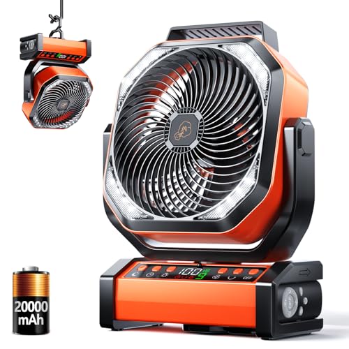 Camping LED Fan with Light, 20000mAh Rechargeable Battery Powered Outdoor Tent Fan with Light and Hook, 4 Speed, Personal USB Desk Fan for Camping, Fishing, Power Outage,Hurricane, Worksite