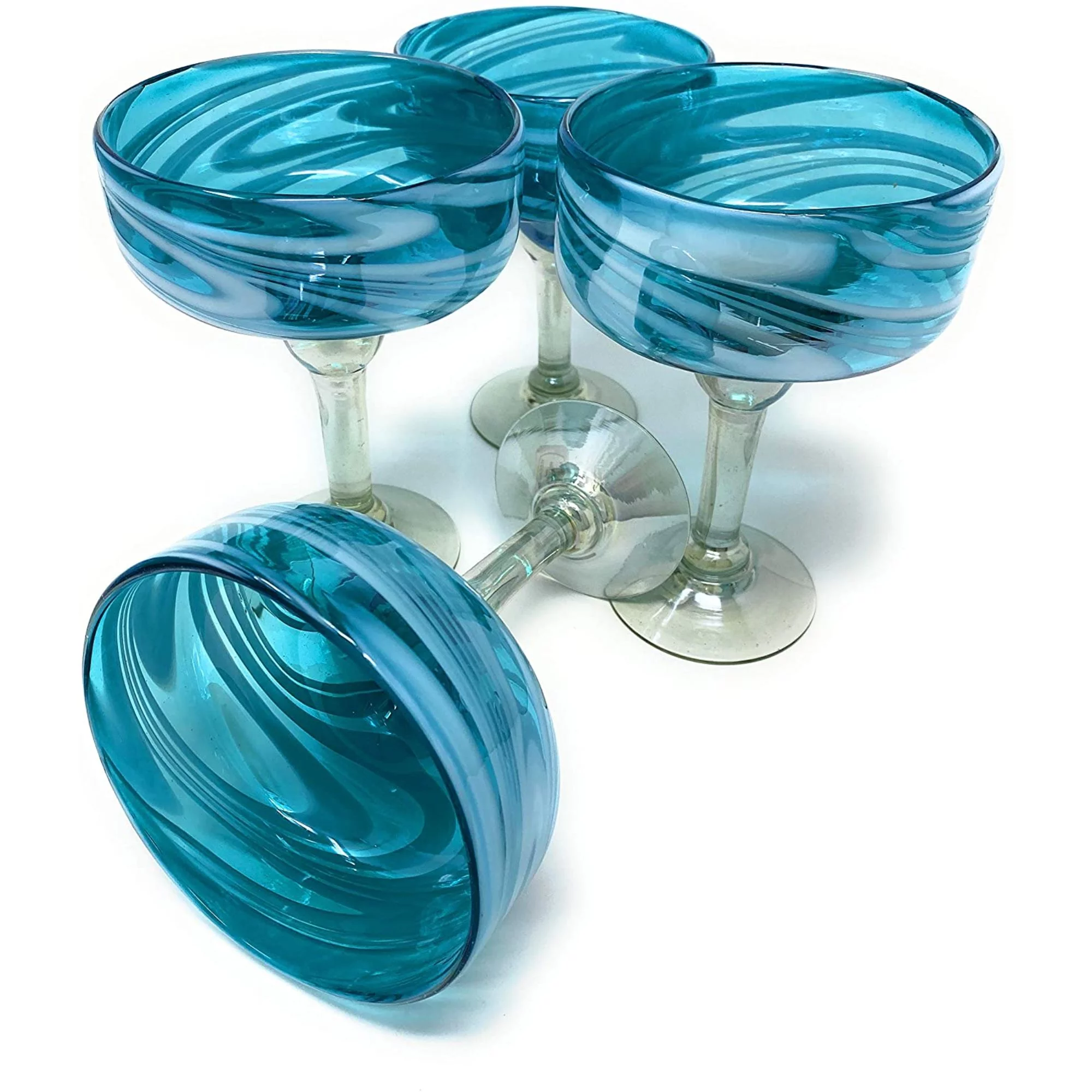 Dos Sueños Dos Suenos Mexican Hand Blown Glass - Set of 4 Hand Blown Margarita Glasses Aqua Swirl (16 oz)