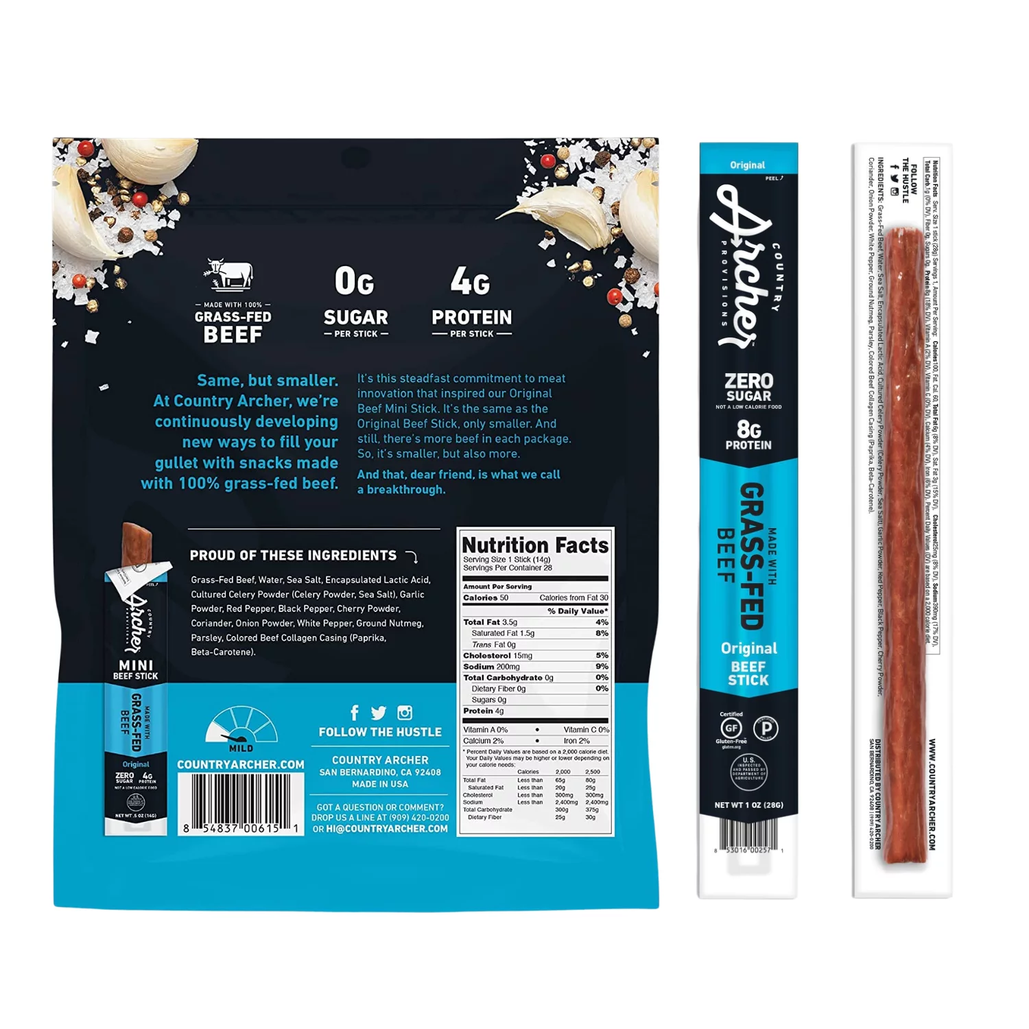 Country Archer Grass Fed Original Mini Beef Sticks 28 Sticks Gluten-Free No Sugar Made with Real Ingredients Keto& Paleo Friendly Meat Snacks Outdoor Hiking Camping Traveling Ready to Eat Snack 14.5oz