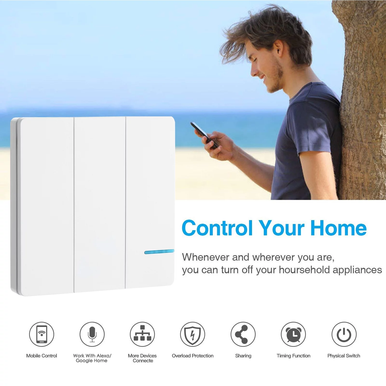 GREENCYCLE Smart Light Switch WiFi Wall Wireless 3-gang Switch + 3x WIFI Receiver Compatible with Amazon Alexa and Google Home Remote Control Lights and Appliances Timing Function