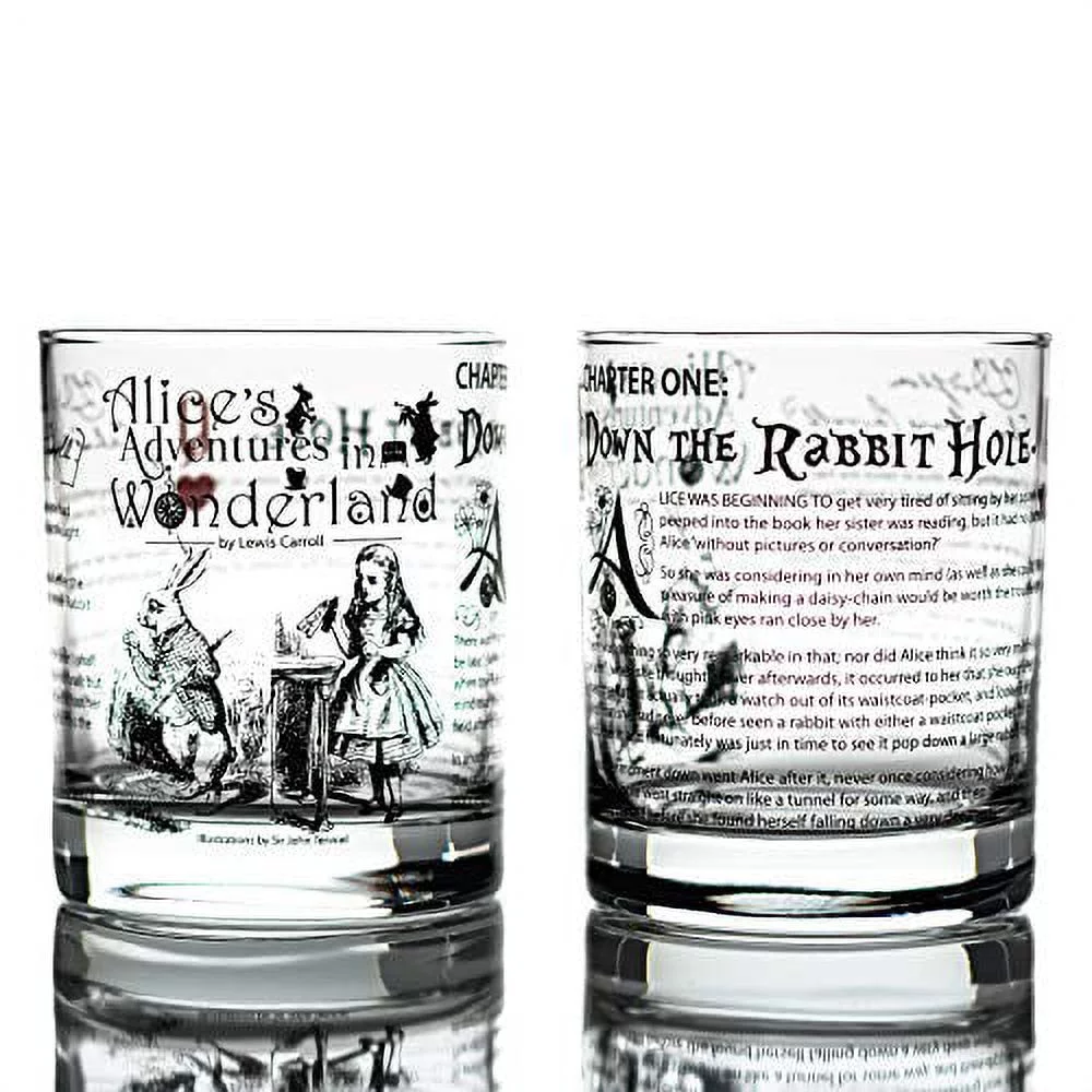 Alice in Wonderland Whiskey Glasses | Literature Rocks Glass with lewis carroll Book Images & Writing (Set of 2)