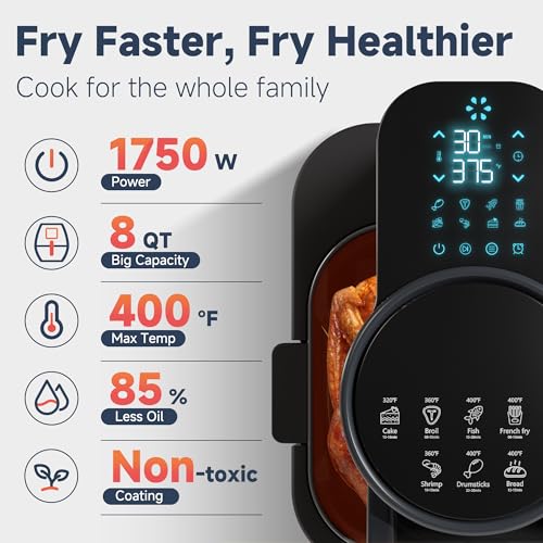 8QT Easy View Non Toxic Air Fryer, 1750W, 6-in-1 Non-drawer Digital Air Fryer, Precise Temp & Timer Control and Pre-Set Timer, Auto Shutoff, Roast, Bake, Air Fry, Broil, Reheat & Dehydrate, Black