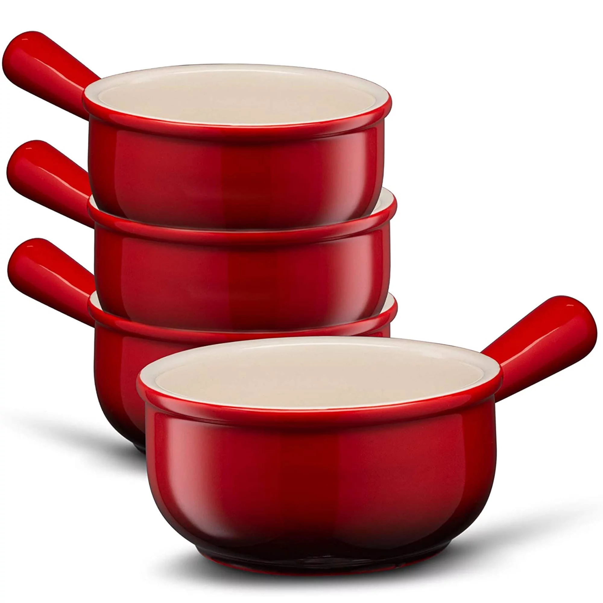 Kook French Onion Soup Crock Ceramic Bowls 4-Piece Stoneware Kitchen Set, Red Ombre