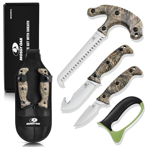 MOSSY OAK Field Dressing Kit, 4 Pcs Hunting Knife Set with Portable Sheath, Gut-Hook Skinner, Caping Knife, Wood/Bone Saw, Knife Sharpener, for Deer Hunting, Camping, Perfect Hunting Gifts for Men