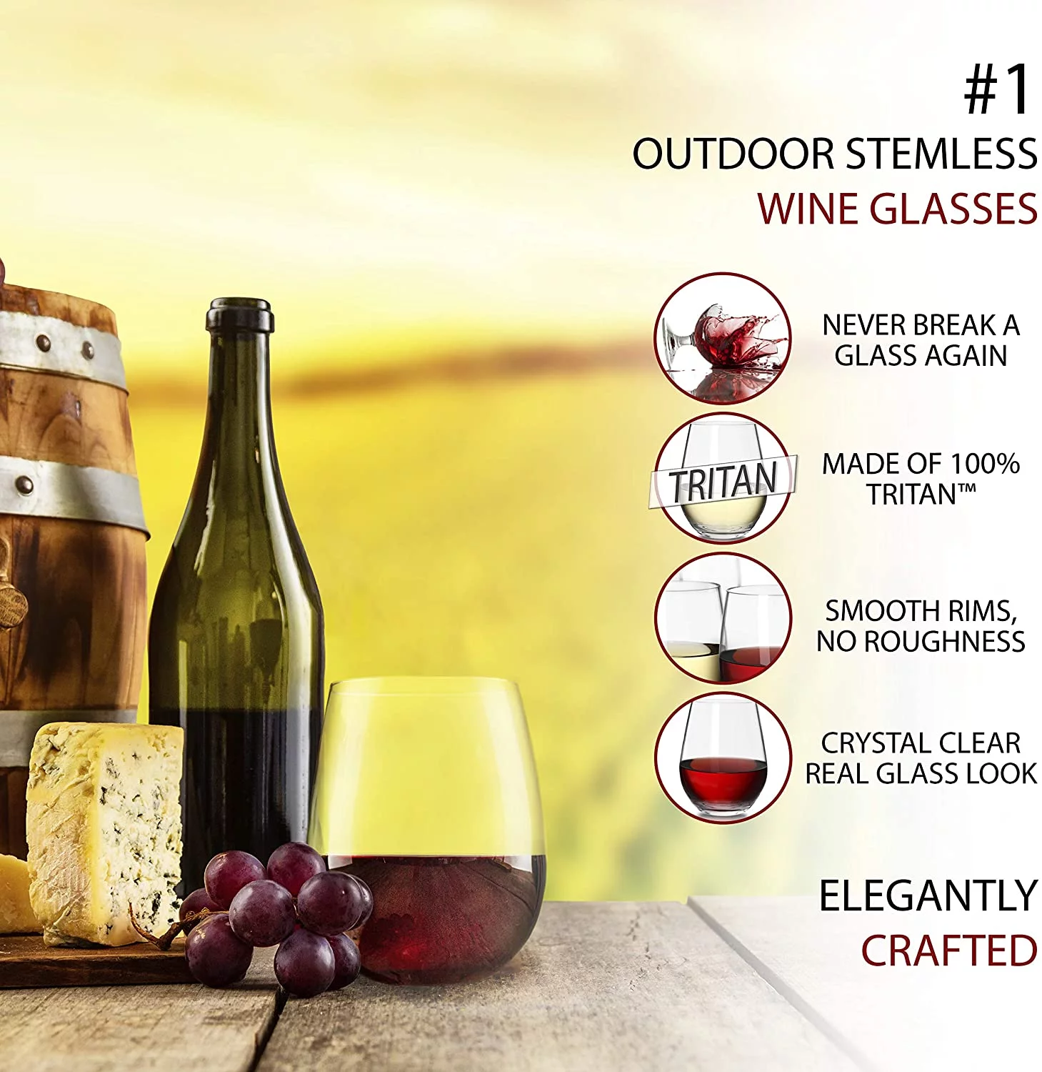 Bravario Unbreakable Plastic Wine Glasses, 16 oz BPA-Free Stemless Tritan Tumbler, Set of 12