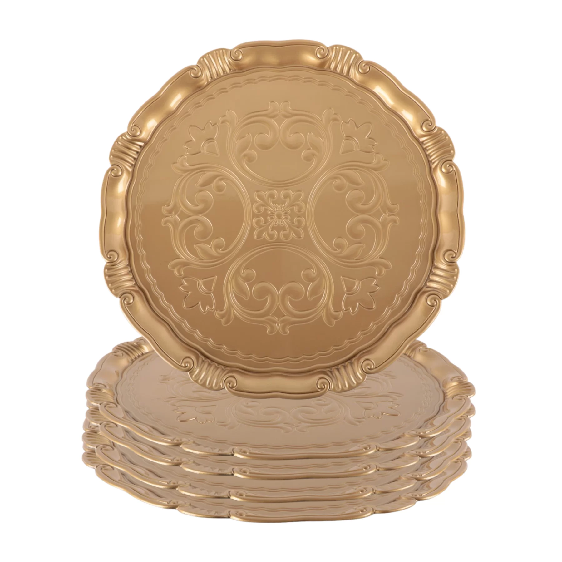 Koyal Wholesale Victorian Embossed Charger Plates, Gold, Set of 4, Victorian Style Décor