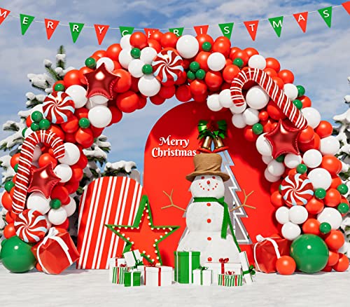 Christmas Balloon Garland Arch kit with Xmas Green Red White Candy Balloons Gift Box Balloons Red Star Balloons for Christmas Party Decorations