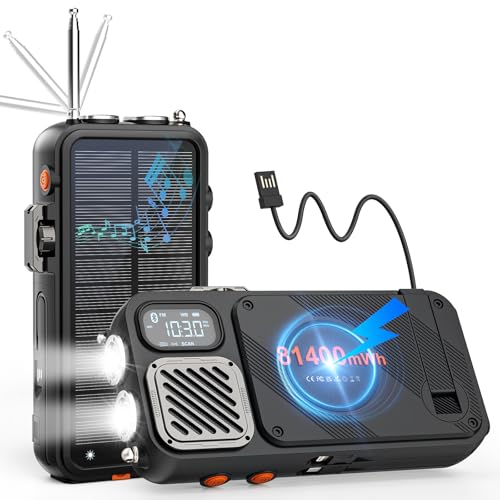 Emergency Radio&22000mAh Solar Power Bank, FM NOAA Weather Radio, Portable Hand Crank Bluetooth Radio, 20W Fast Charge Wireless Phone Charger, SOS Flashlight for Emergency/Home