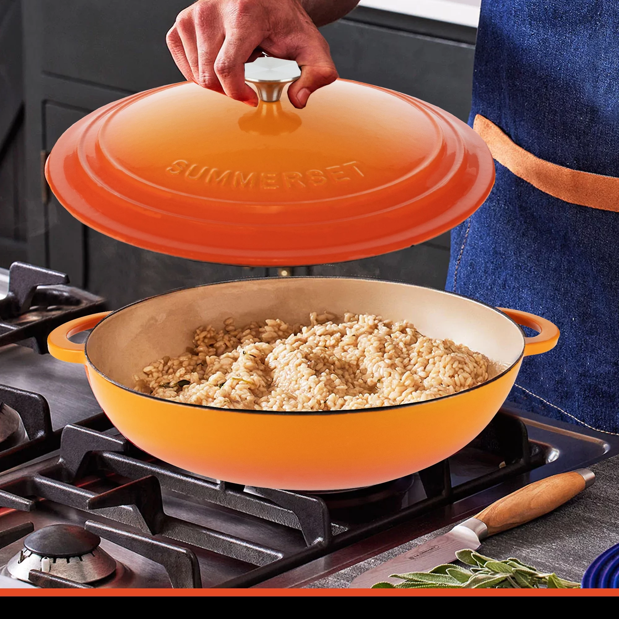 Summerset Enamel Cast Iron Dutch Oven Pan & Pot Casserole Skillet (Non-Stick 5 Quart, Orange)