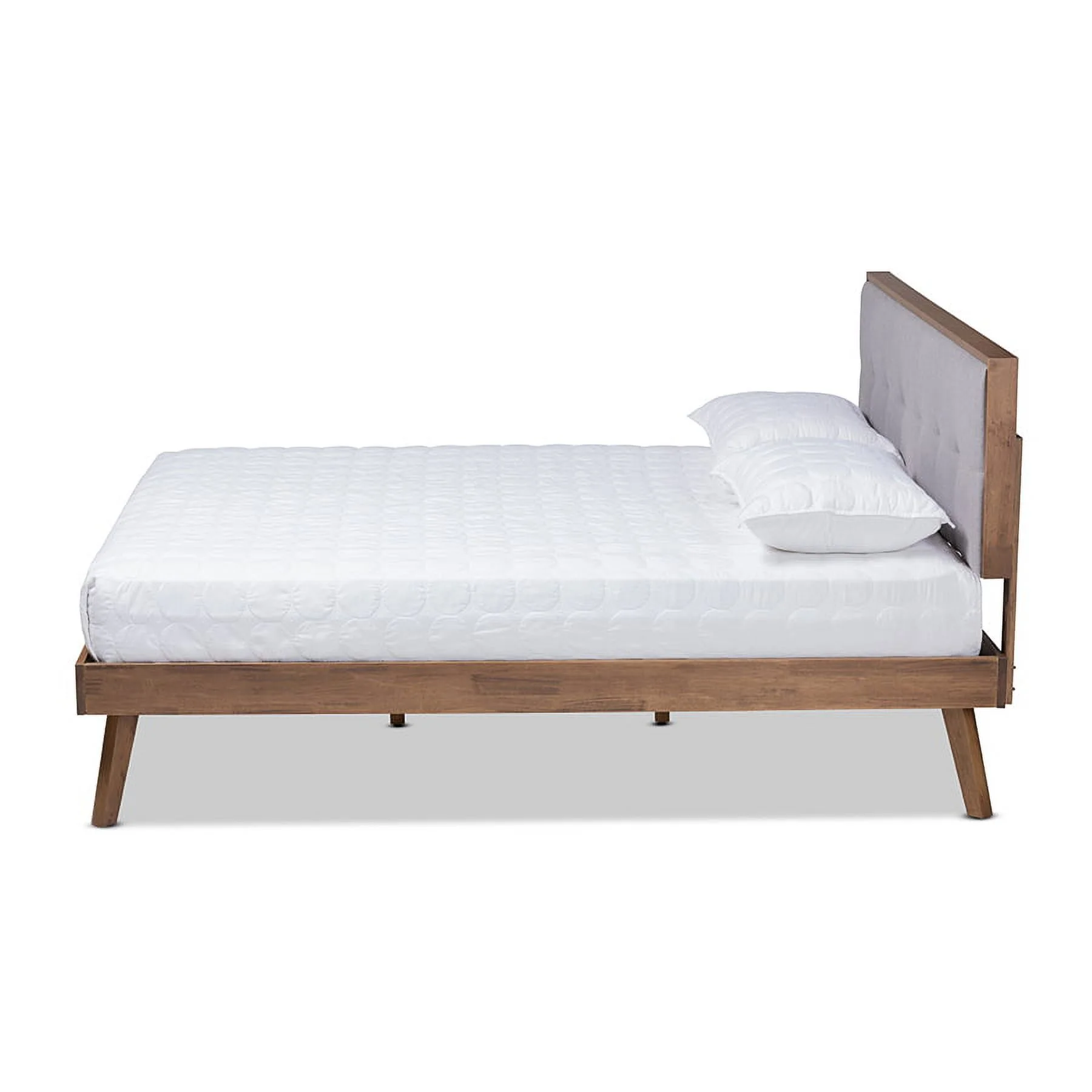 Baxton Studio Alke Mid-Century Modern Light Grey Fabric Upholstered Walnut Brown Finished Wood Queen Size Platform Bed