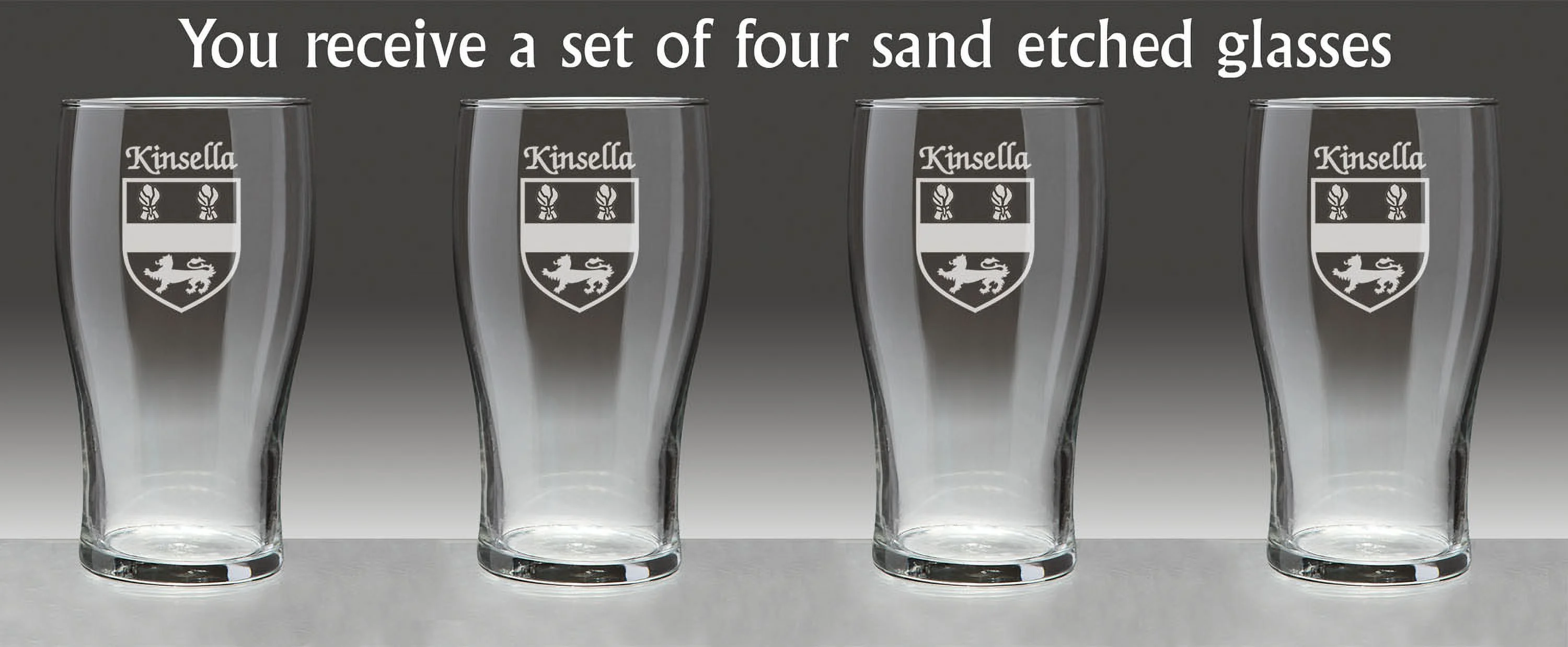 Kinsella Irish Coat of Arms Tavern Glasses - Set of 4 (Sand Etched)