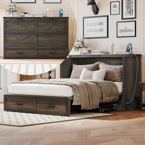 Merax Farmhouse Wood Murphy Bed Chest with Charging Station, Foldable Wall Platform Bed with Storage Drawer/Space Saving/Wood Slat Support/Queen, Gray