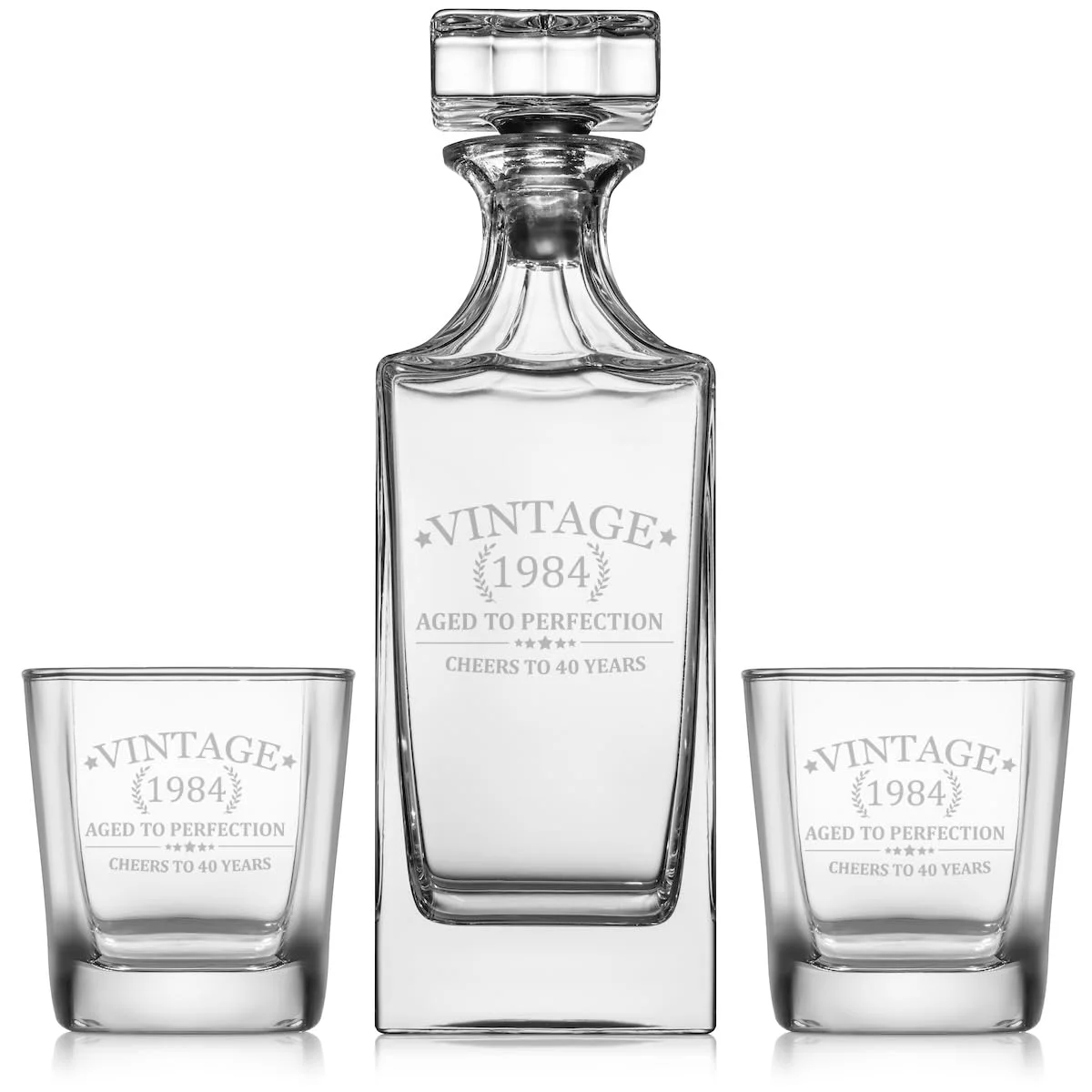 Whiskey Decanter Gift Set With 2 Whiskey Old Fashioned Rocks Glasses Cheers To 40 Years Vintage 1984 40th Birthday