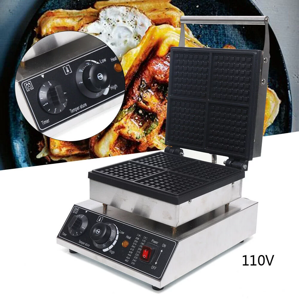 Loyalheartdy 1750W 4Pcs Nonstick Electric Waffle Maker Commercial Square Silver Stainless Steel Waffle Making Machine 50~300℃
