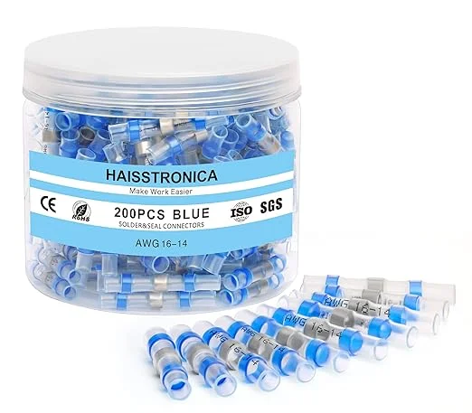 haisstronica 200PCS Solder Seal Wire Connectors,Waterproof Wire Connectors, Heat Shrink Butt Connectors for Watercraft,Electrical,Electronics 16-14 Blue