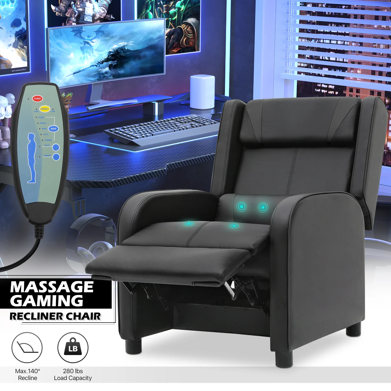 MoNiBloom Massage Gaming Recliner Chair, PU Leather Adjustable Reclining Gaming Chair Sofa with Footrest, Lumbar Support and Headrest for Living Room Home Theater, Black