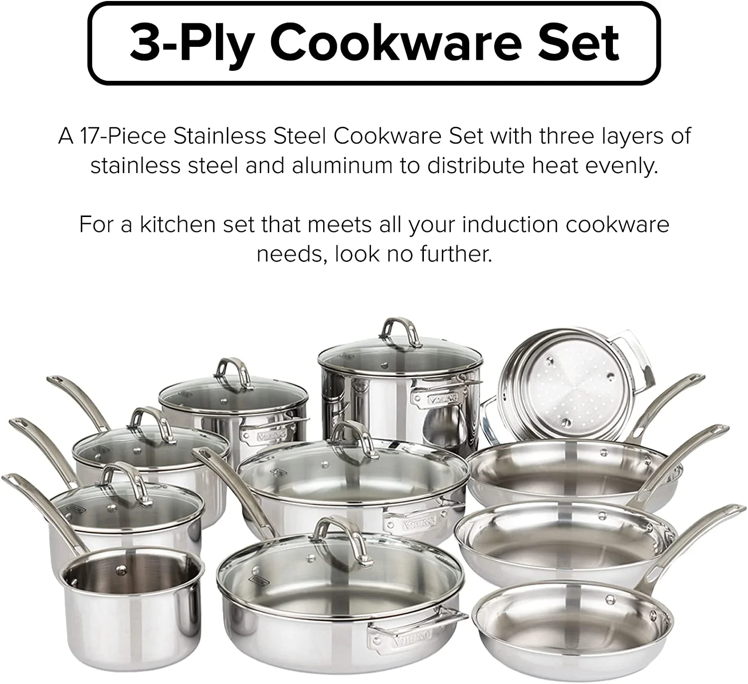 durable Viking 3-Ply 17pc Stainless Steel Cookware Set with Glass Lids