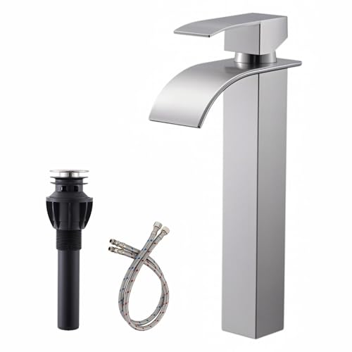 Bathroom Sink Faucet Brushed Nickel Tall Waterfall Single Handle 1 Hole Bathroom Vessel Sink Faucet Stainless Steel Bowl Mixer Tap Wash Basin Lavatory Vanity Faucet with Pop-up Drain
