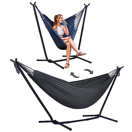 SUNCREAT 2-in-1 Hammocks Hammock Chair with Stand, 475 lbs Capacity, Heavy Duty Two Person Hammock with Stand, Patent Pending, Blue Stripe