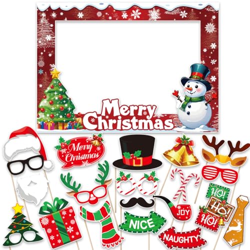 Christmas Photo Booth Props Party Decorations with Photo Frame, Christmas Party Selfie Accessories for Xmas Holiday Party Table Decor