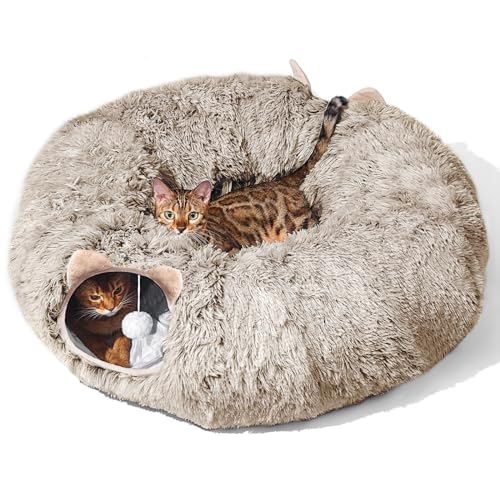Cat Tunnel with Cat Bed for Indoor Cats, Under Christmas Tree Soft Plush Peekaboo Cat Cave Donut Tunnel, Multifunctional Playground Toys Hideplace for Kittens, Rabbit, Ferret (Grey)