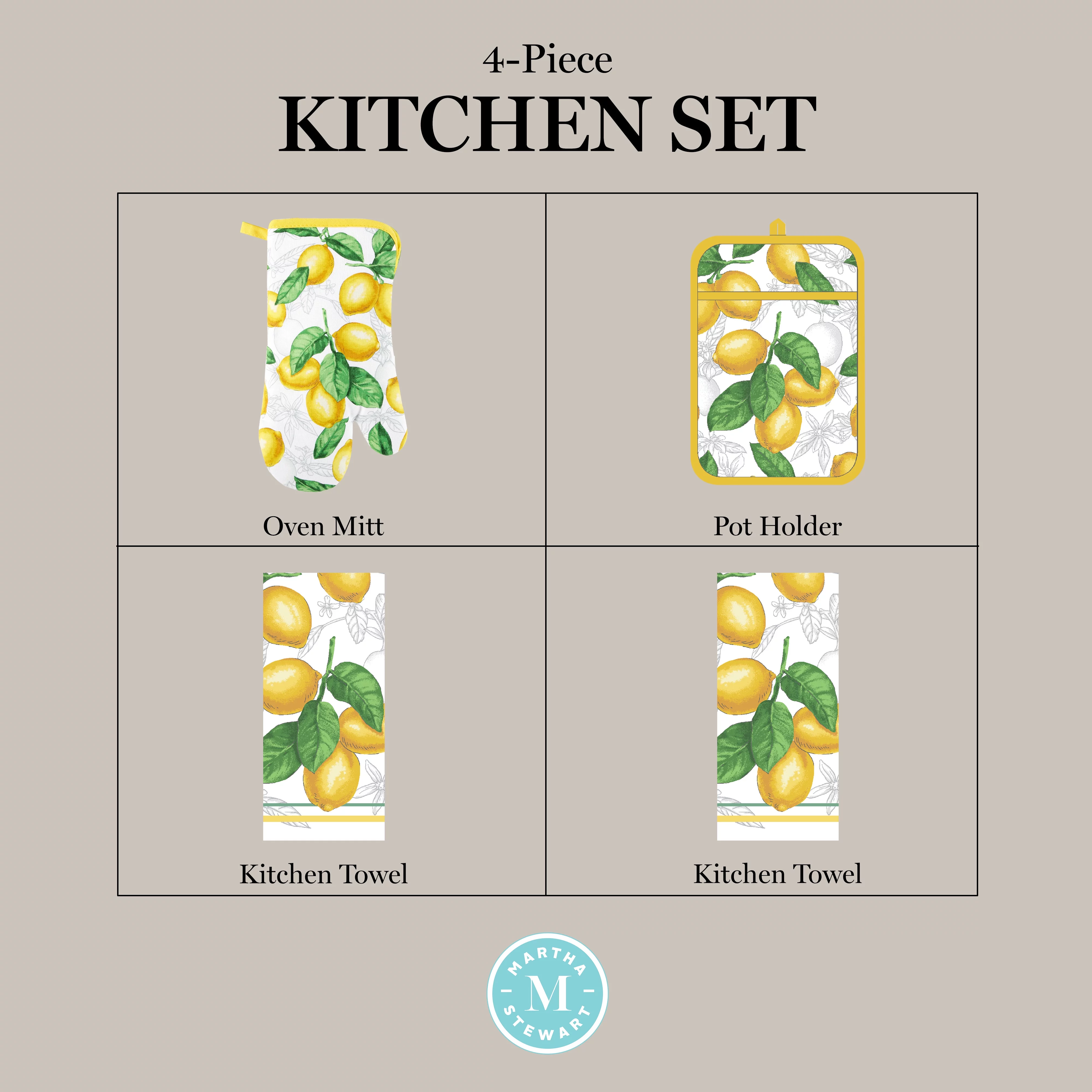 Martha Stewart Lots of Lemons Modern Kitchen Towel, Oven Mitt & Potholder Set 4-Pack, White-Yellow, 2KT: 16