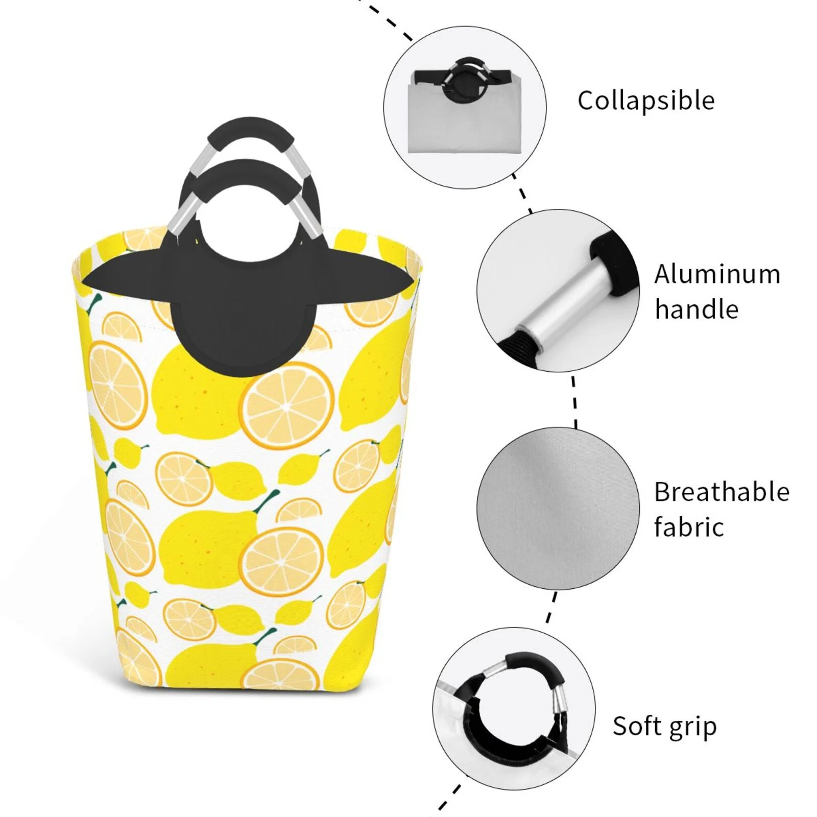 LNWH Fruit Lemon Print Art Pattern Laundry Basket, 50L Large Capacity Foldable Laundry Hamper